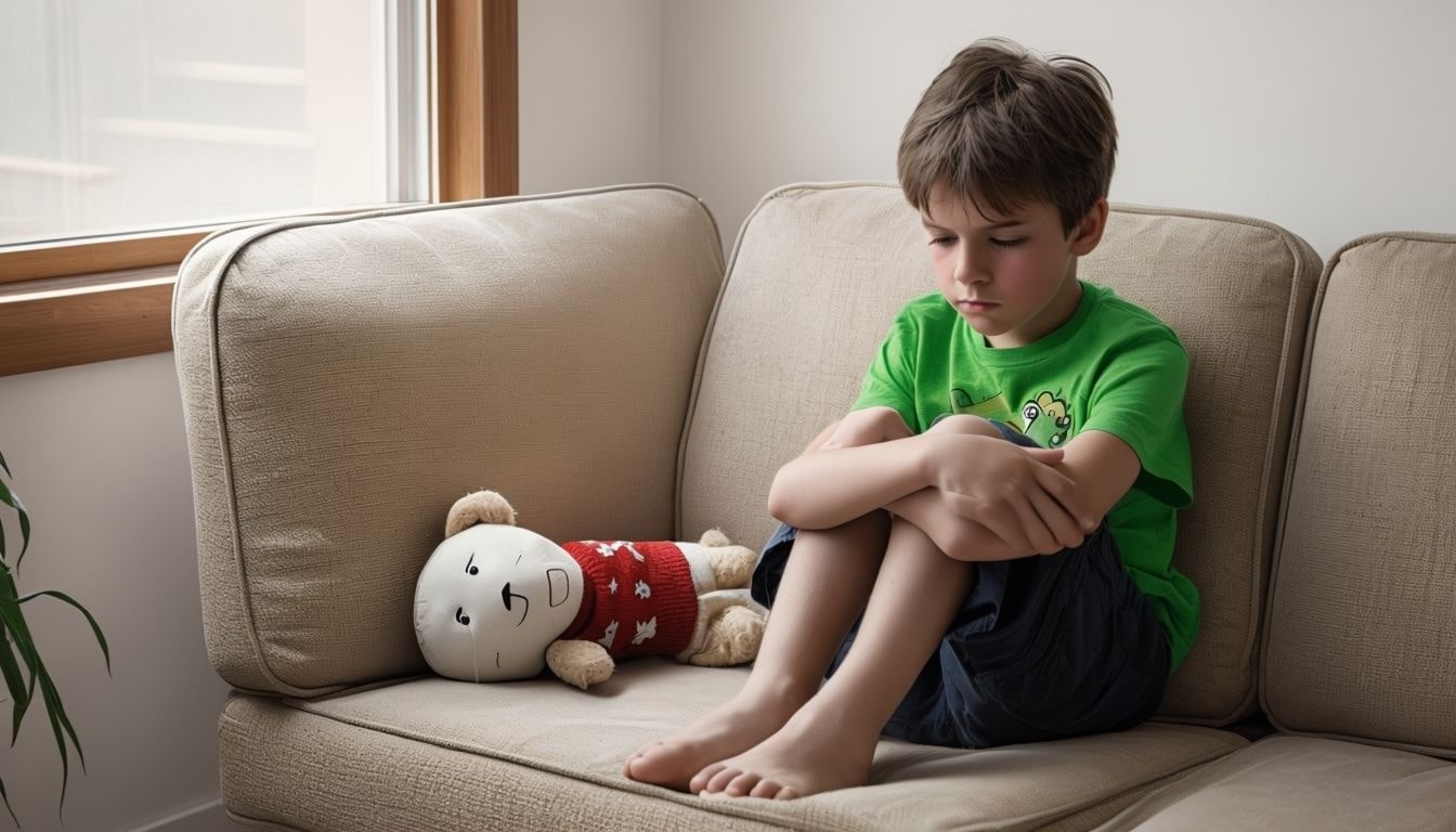 Young Boy Contemplatively Sitting With Teddy Bear On Couch