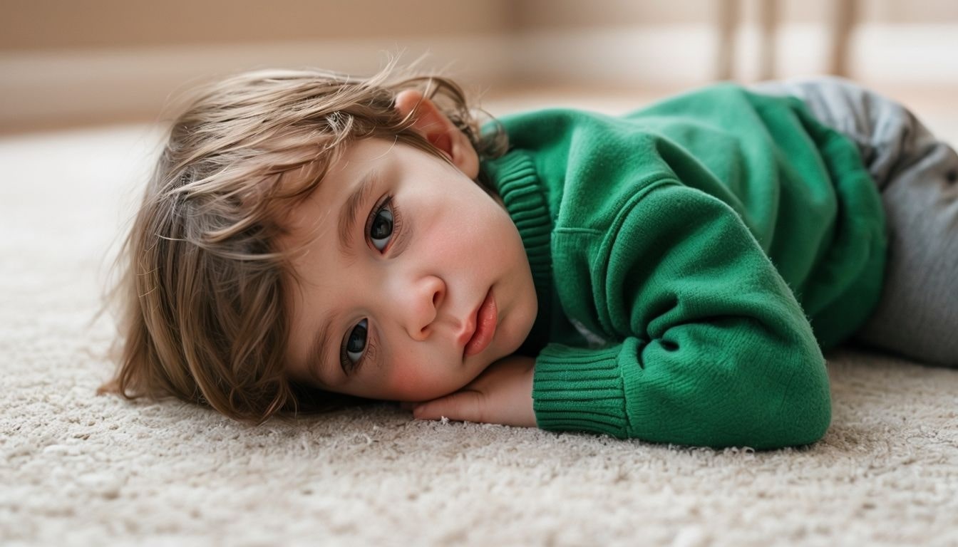 Young Child in Emerald Sweater Lying on Carpet-min