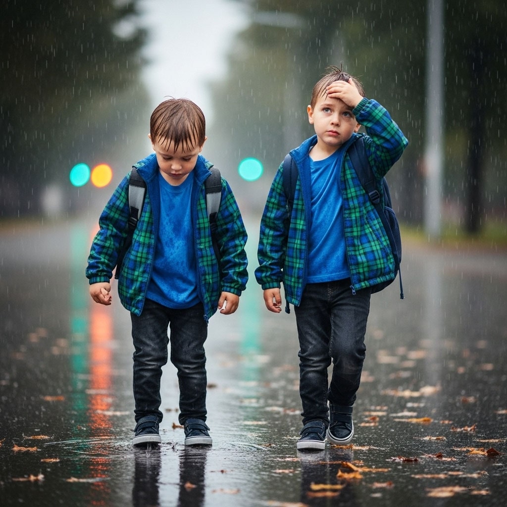 jumeaux ecole pluie-min