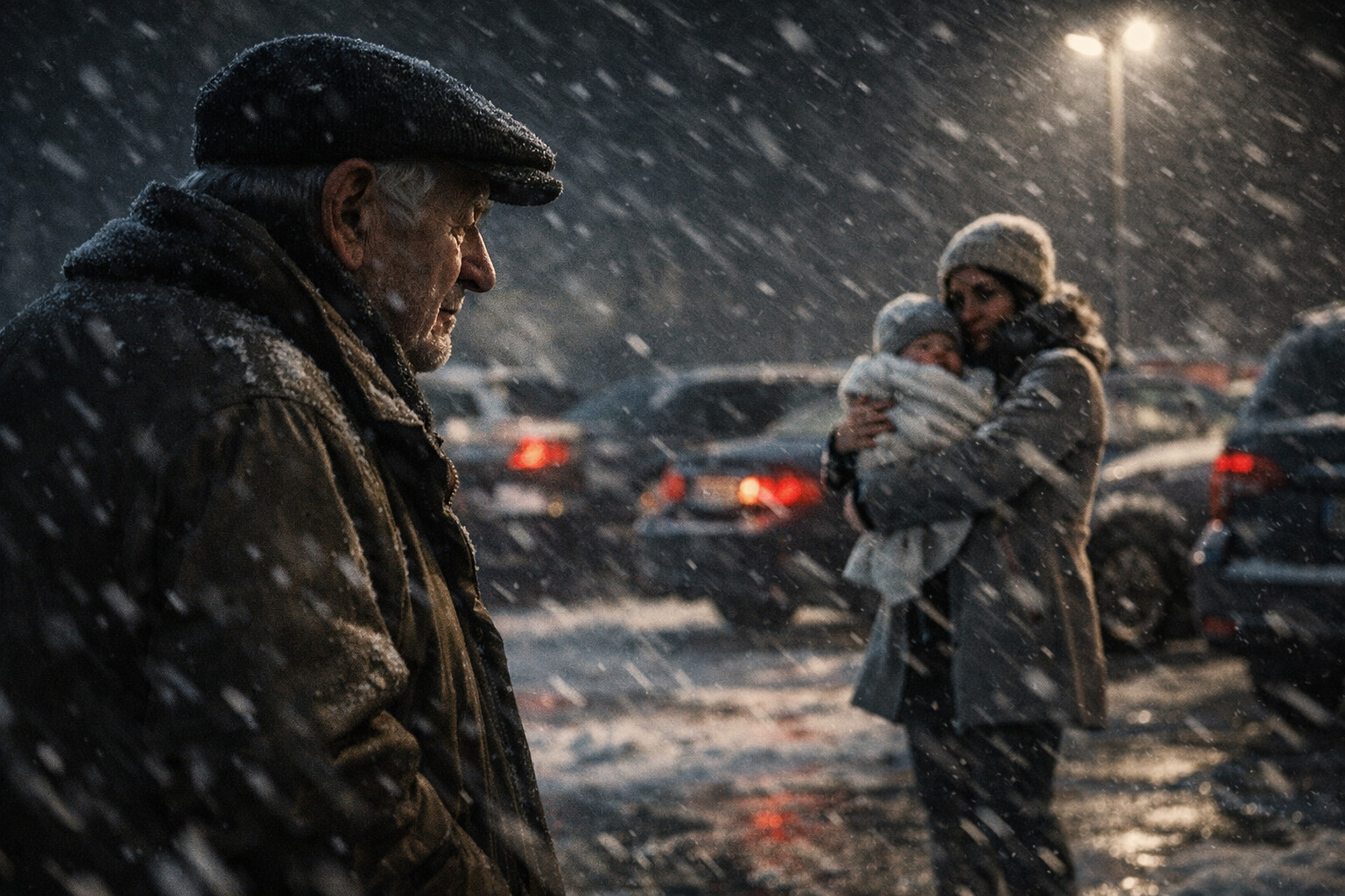 Homme âgé observant une mère et bébé
