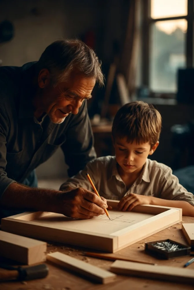 l'homme aide l'enfant a dessiner