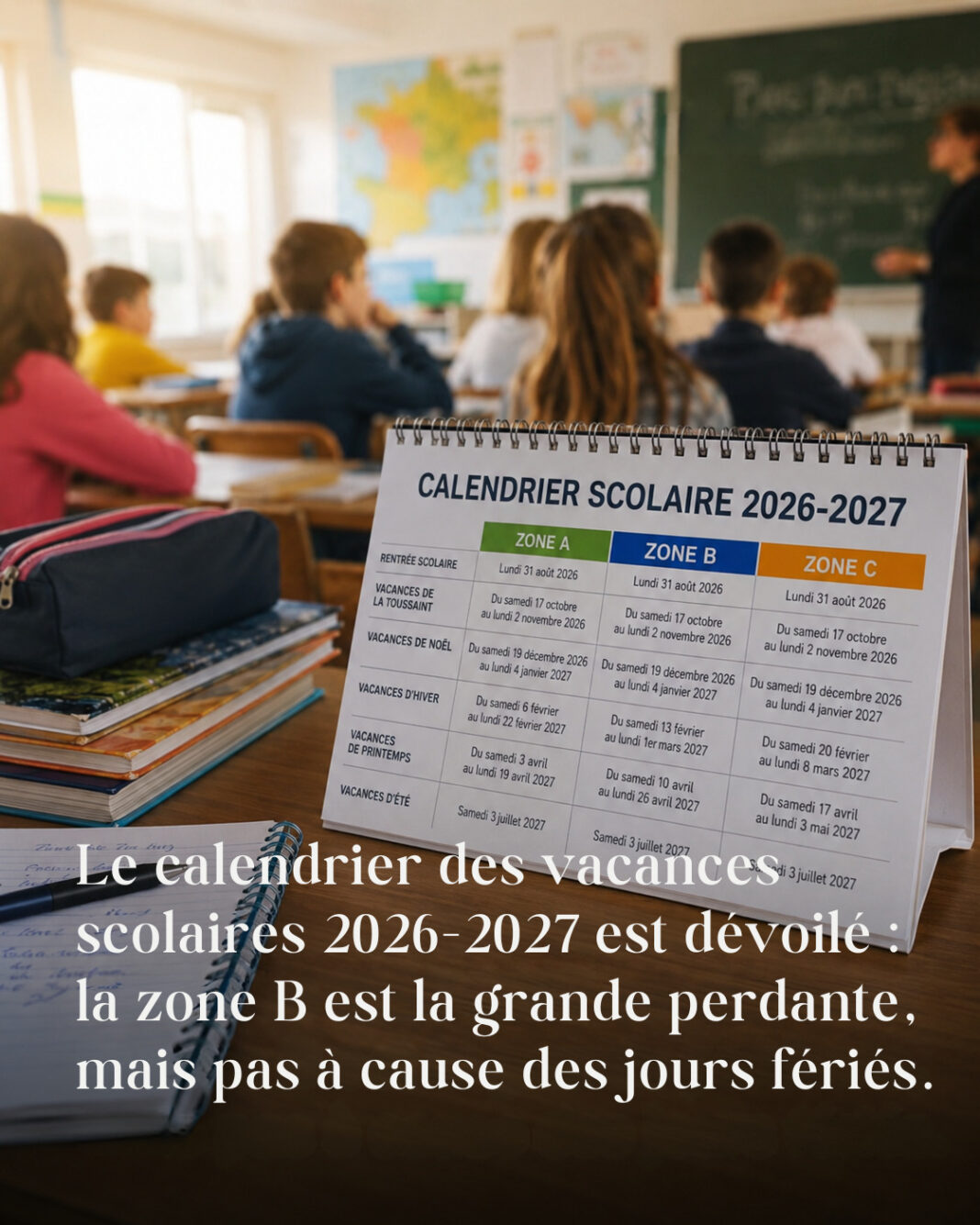 Le calendrier des vacances scolaires 2026-2027 est dévoilé la zone B est la grande perdante, mais pas à cause des jours fériés.