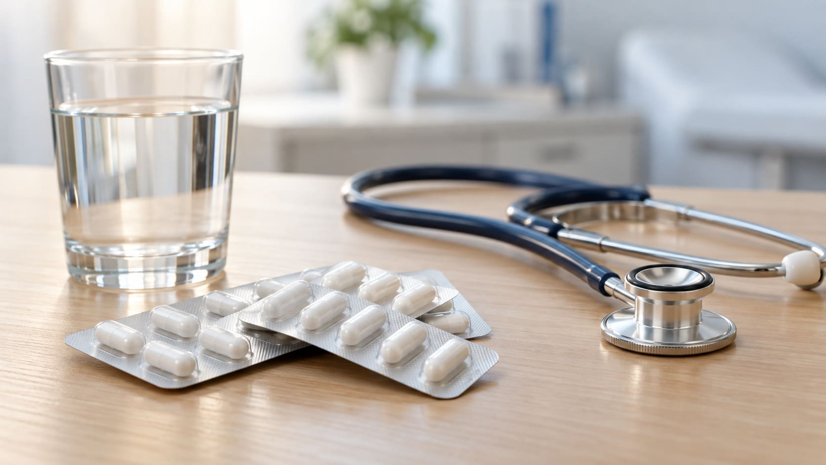 Médicaments, eau et stéthoscope-min