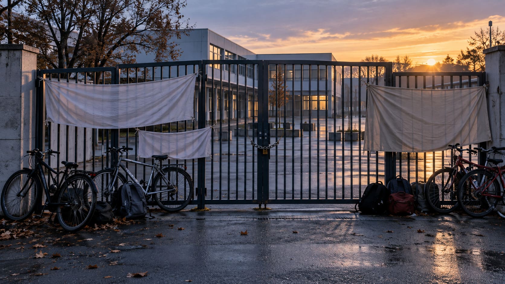 Portail d’école désert sous la brume dorée (1)