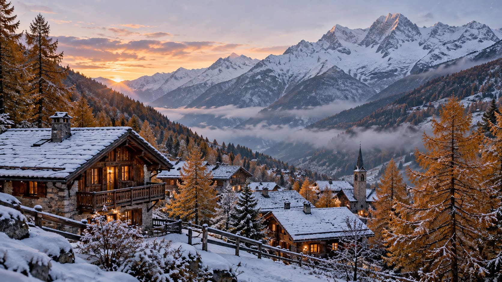 Village alpin sous la neige au crépuscule-min