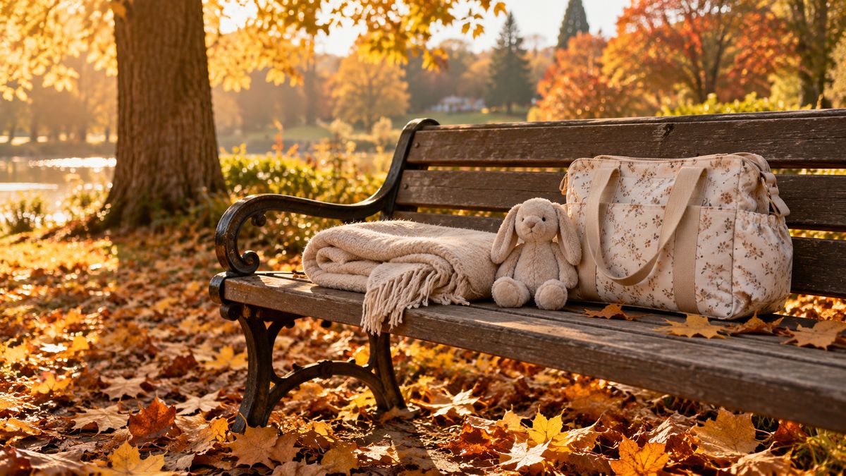 Allaitement en public : banc de parc avec couverture, doudou et sac à langer