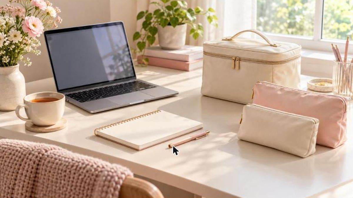 Allaitement et reprise du travail : bureau avec ordinateur, sac isotherme et sachets de conservation du lait