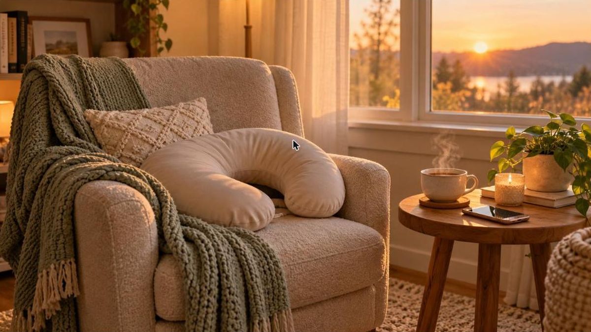 Allaitement et téléphone : fauteuil confortable avec coussin d'allaitement, plaid et smartphone posé à côté
