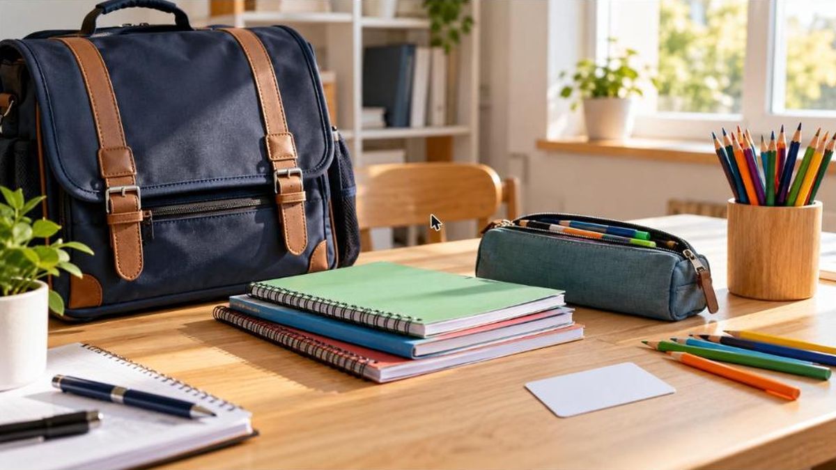 Fournitures scolaires, cahiers et cartable posés sur un bureau en bois à côté d'une carte vierge