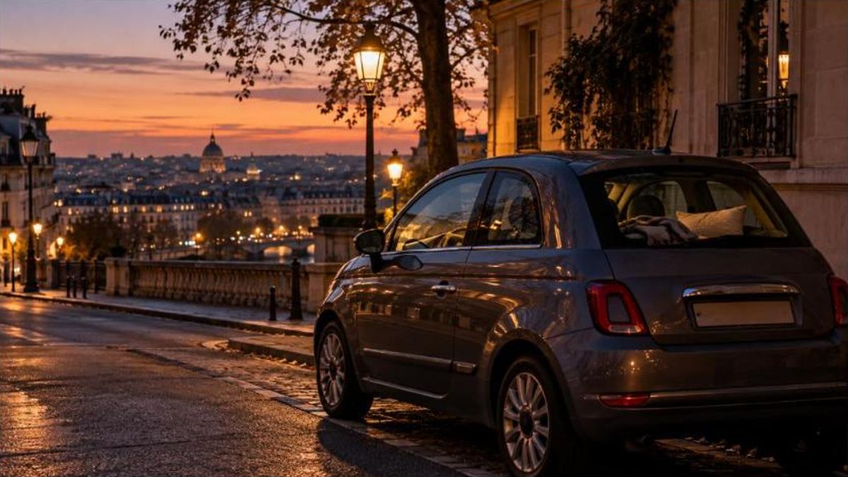 Petite voiture garée dans une rue le soir avec un plaid sur le siège
