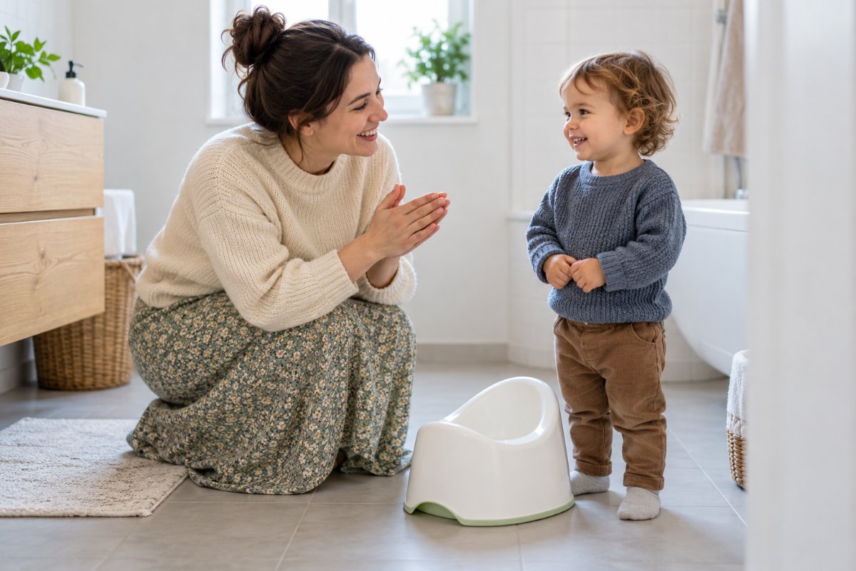Maman qui encourage son enfant à aller sur le pot pendant l'apprentissage de la propreté