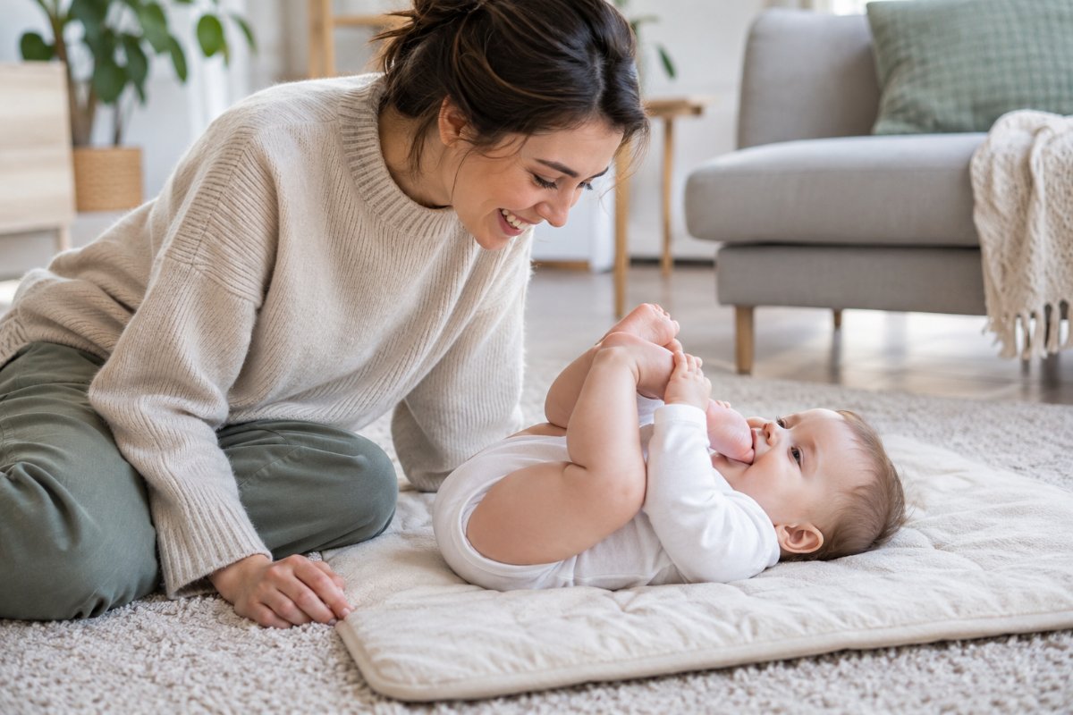 Bébé allongé sur le dos sur un tapis d'éveil qui attrape ses pieds sous le regard de sa maman