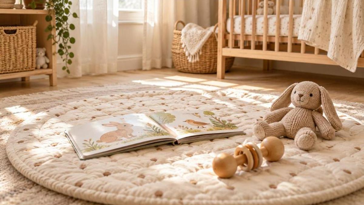 Premiers mots de bébé : livre d'images ouvert, hochet en bois et doudou sur un tapis d'éveil dans une chambre lumineuse