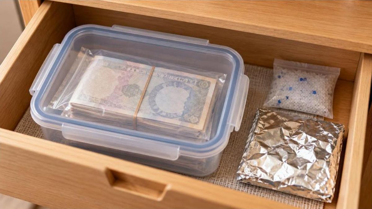 Conserver ses billets de banque : boîte hermétique, sachet de gel de silice et papier aluminium dans un tiroir sec