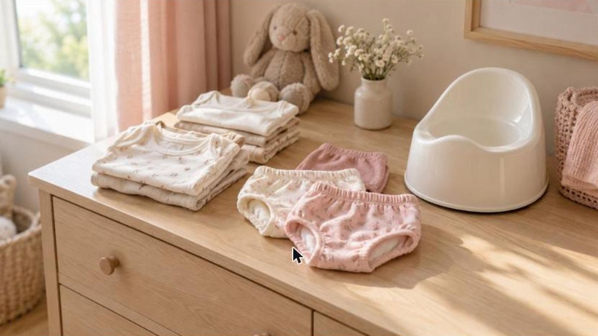 Quand arrêter les bodies de bébé : bodies et culottes d'apprentissage pliés sur une commode avec un petit pot