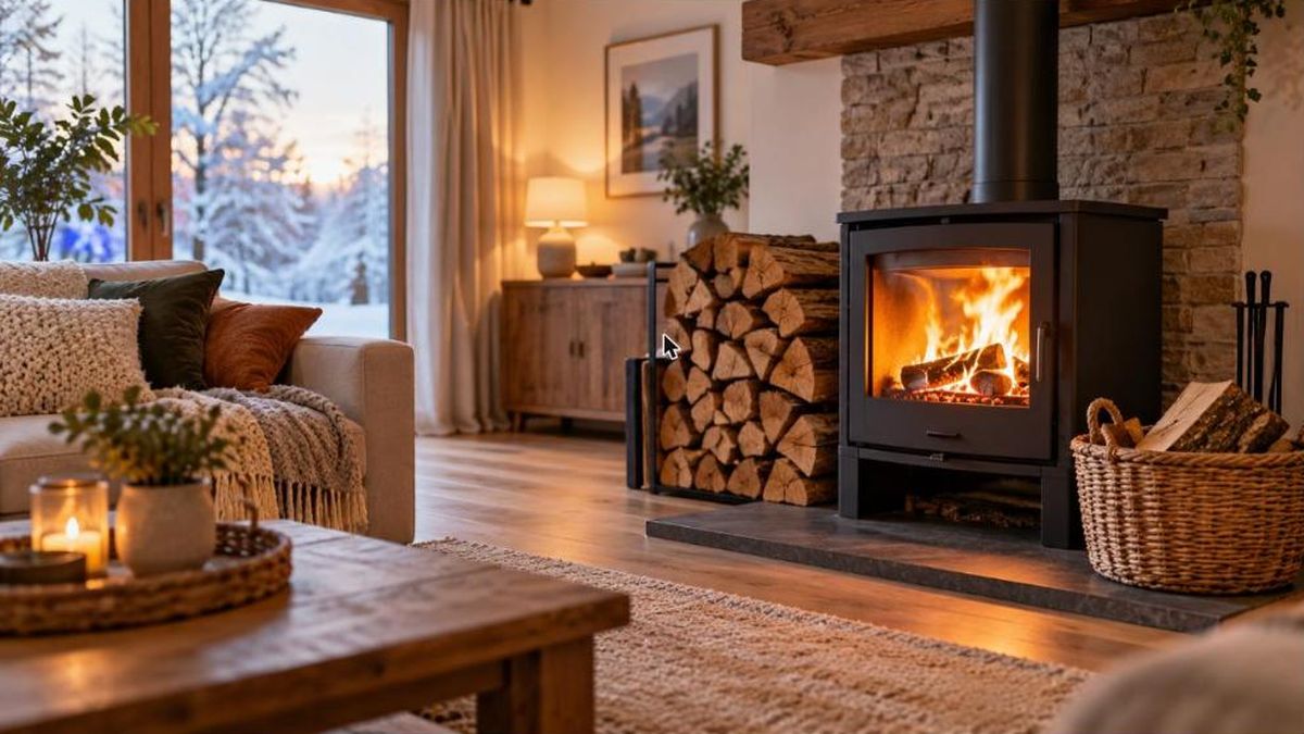 Bois de chauffage : bûches empilées à côté d'un poêle à bois dans un salon chaleureux