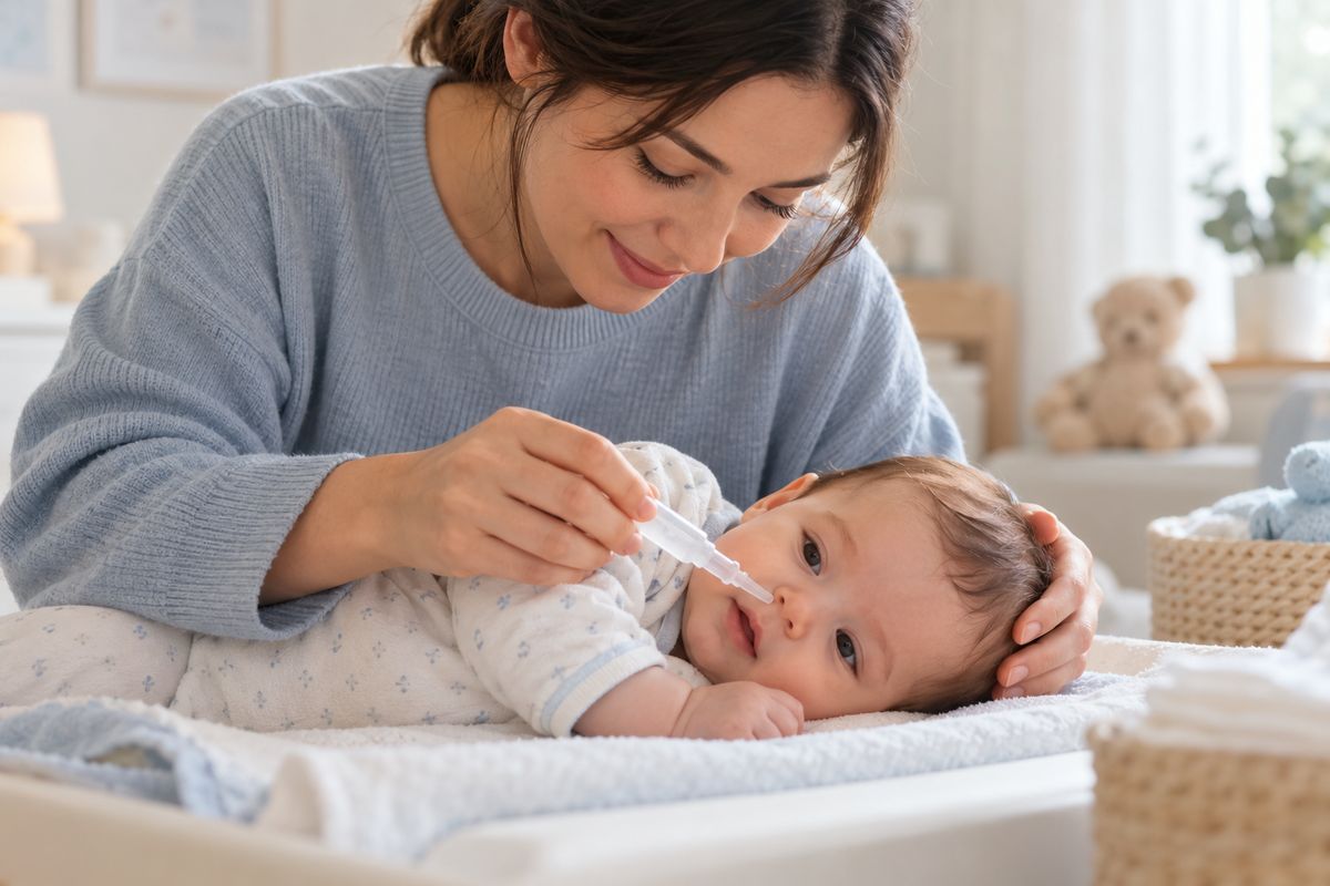 Maman qui lave le nez de son bébé au sérum physiologique pour soulager la bronchiolite