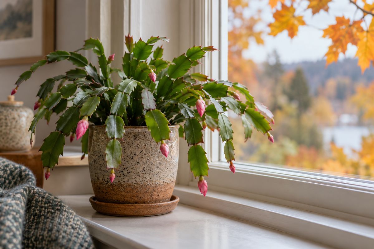 Cactus de Noël en octobre avec ses premiers boutons roses près d'une fenêtre