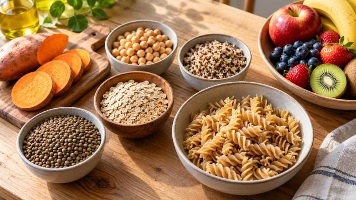 Cadmium chez les enfants : table de cuisine avec lentilles, flocons d'avoine, fruits, pommes de terre et pâtes