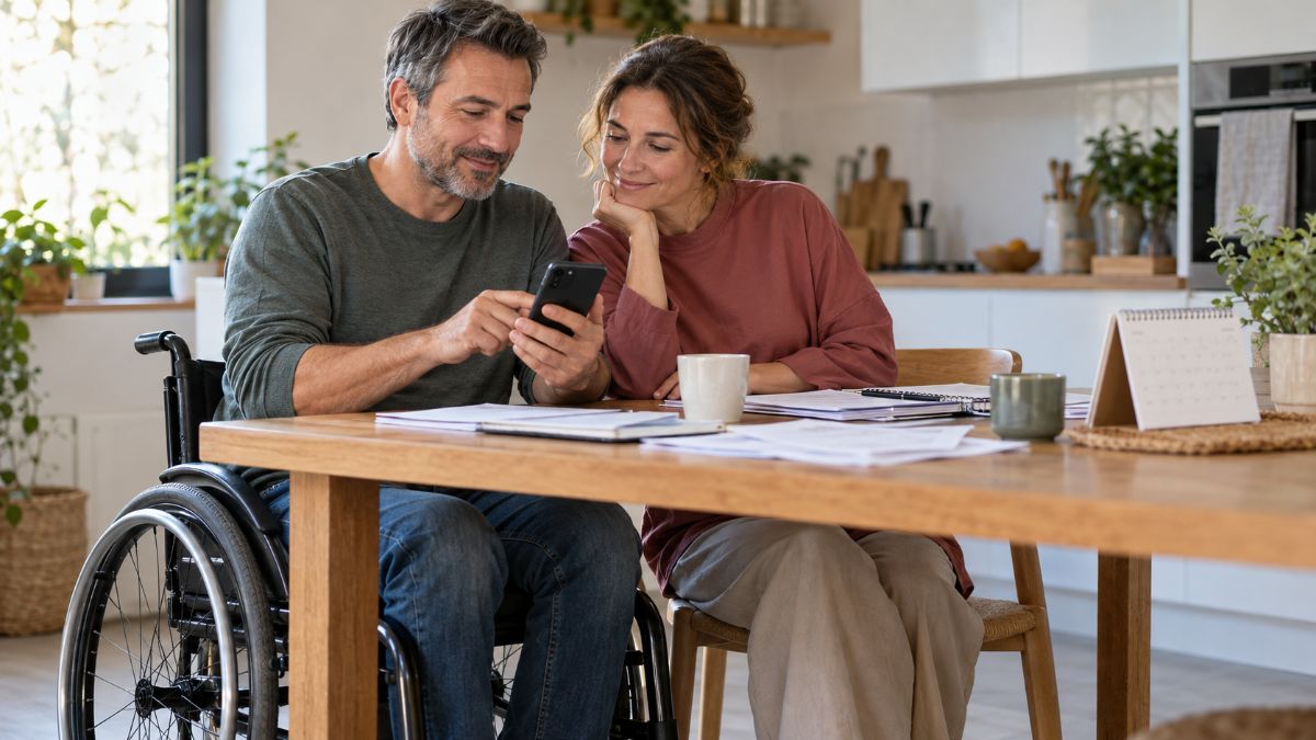 Couple vérifiant le versement CAF du 5 novembre sur un smartphone