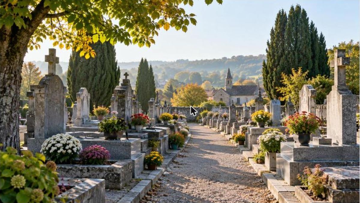 Allée paisible d'un cimetière avec des tombes en pierre fleuries, lumière douce du matin