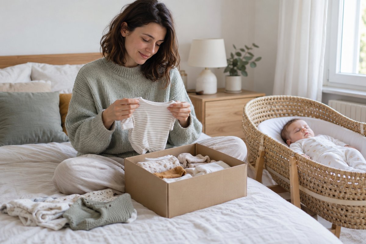 Maman nostalgique qui range les vêtements de son bébé en se demandant si c'est le dernier