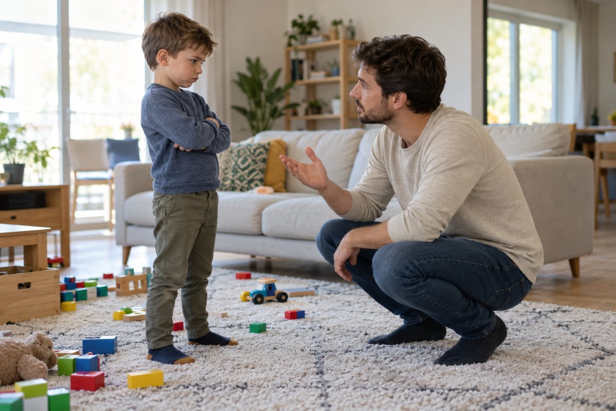 Papa qui reste calme face à la colère de son fils, entre éducation positive et limites
