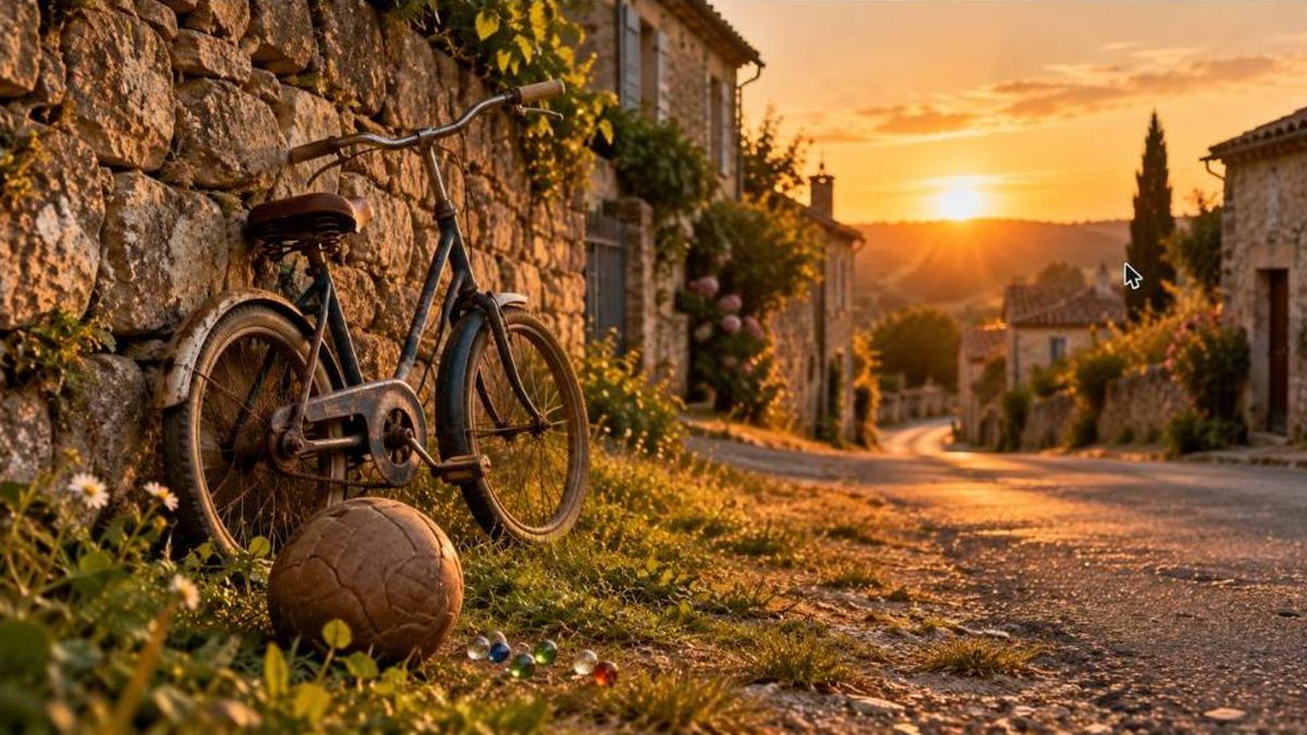 Enfance des années 60 et 70 : vieux vélo d'enfant, ballon et billes dans l'herbe au coucher du soleil