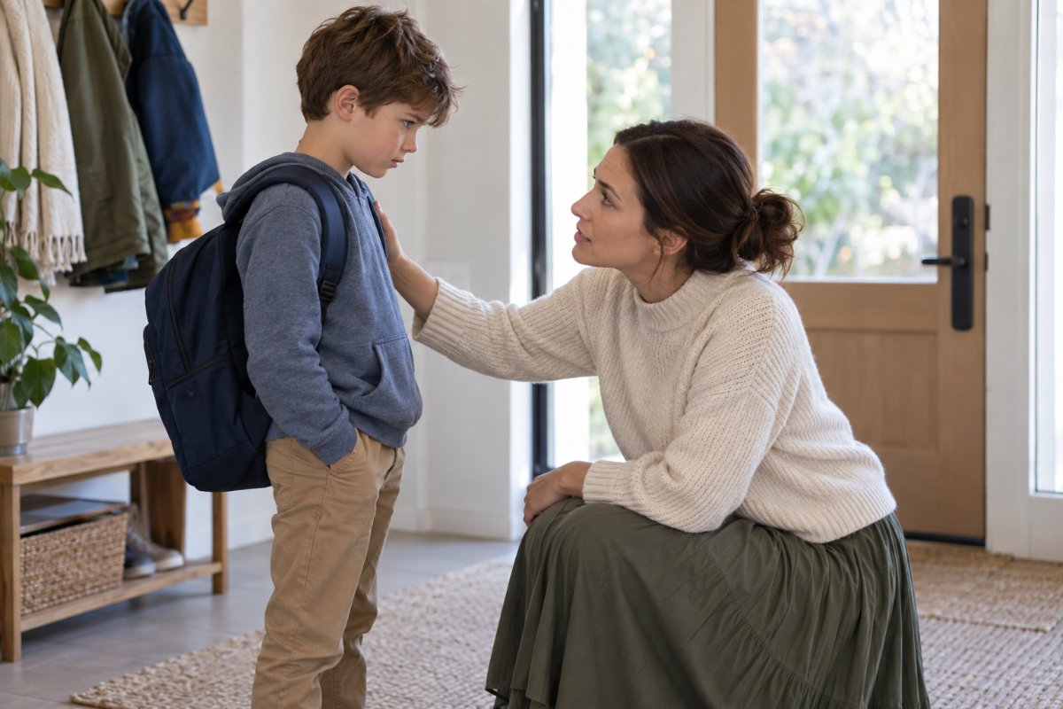 Maman qui encourage son fils insulté à l'école à trouver la bonne réponse