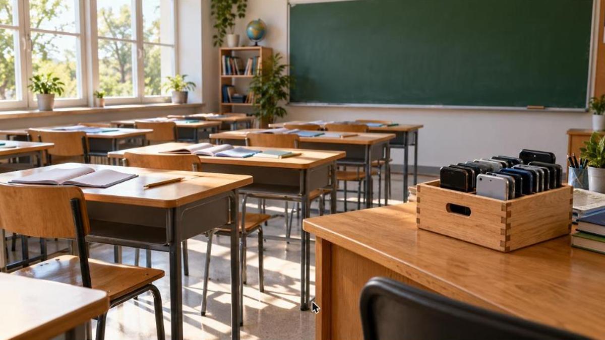 Enfants et écrans à l'école : salle de classe vide avec cahiers, crayons et téléphones rangés dans une boîte en bois