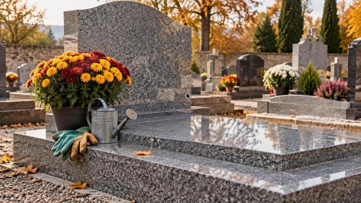 Tombe en granit propre avec un pot de chrysanthèmes, un arrosoir et des gants de jardinage posés à côté