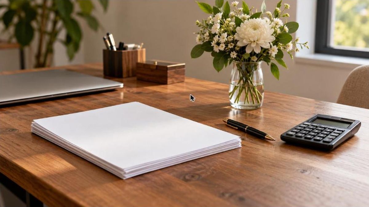 Bureau avec un dossier de documents, un stylo, une calculatrice et un petit bouquet de fleurs blanches