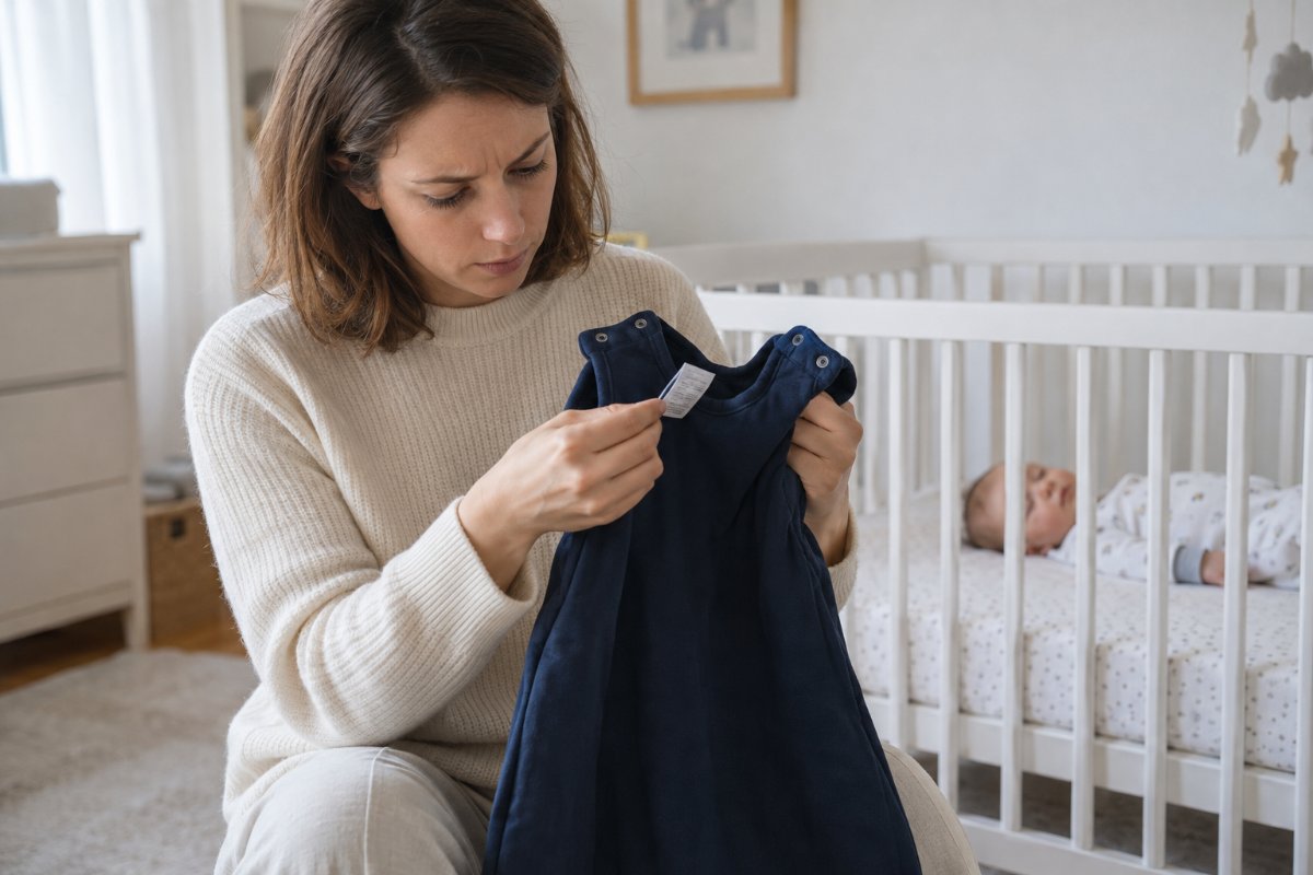 Maman qui vérifie l'étiquette de la gigoteuse de son bébé