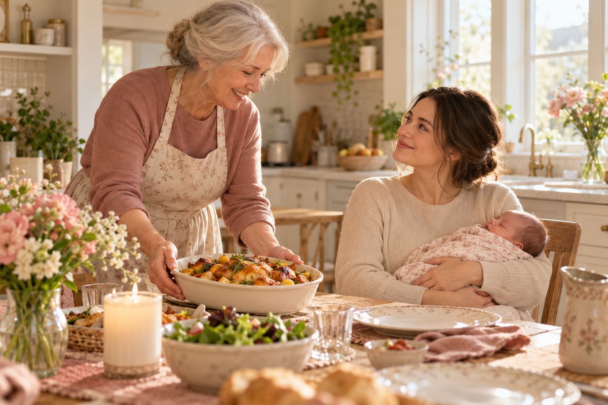 Grand-mère qui apporte un plat fait maison à une jeune maman et son nouveau-né