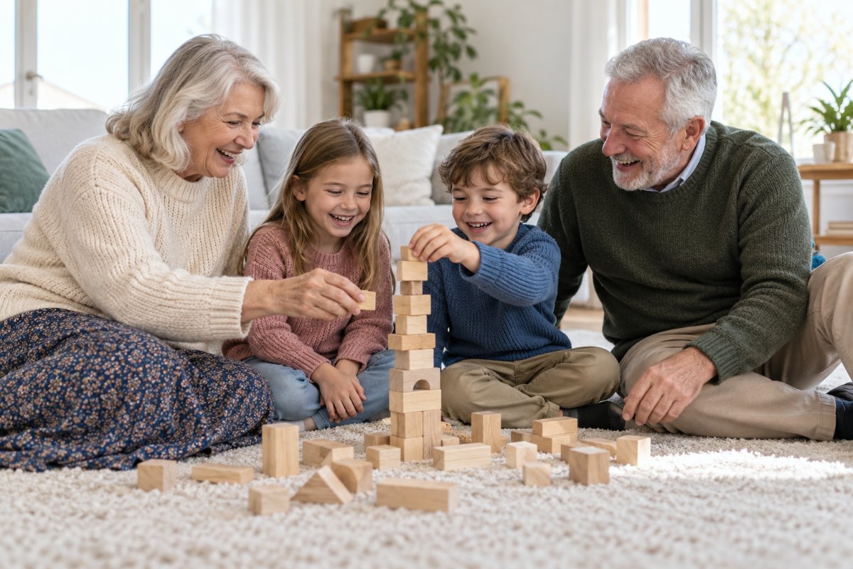 Grands-parents qui gardent leurs petits-enfants et jouent avec eux, un bienfait pour leur santé et leur longévité
