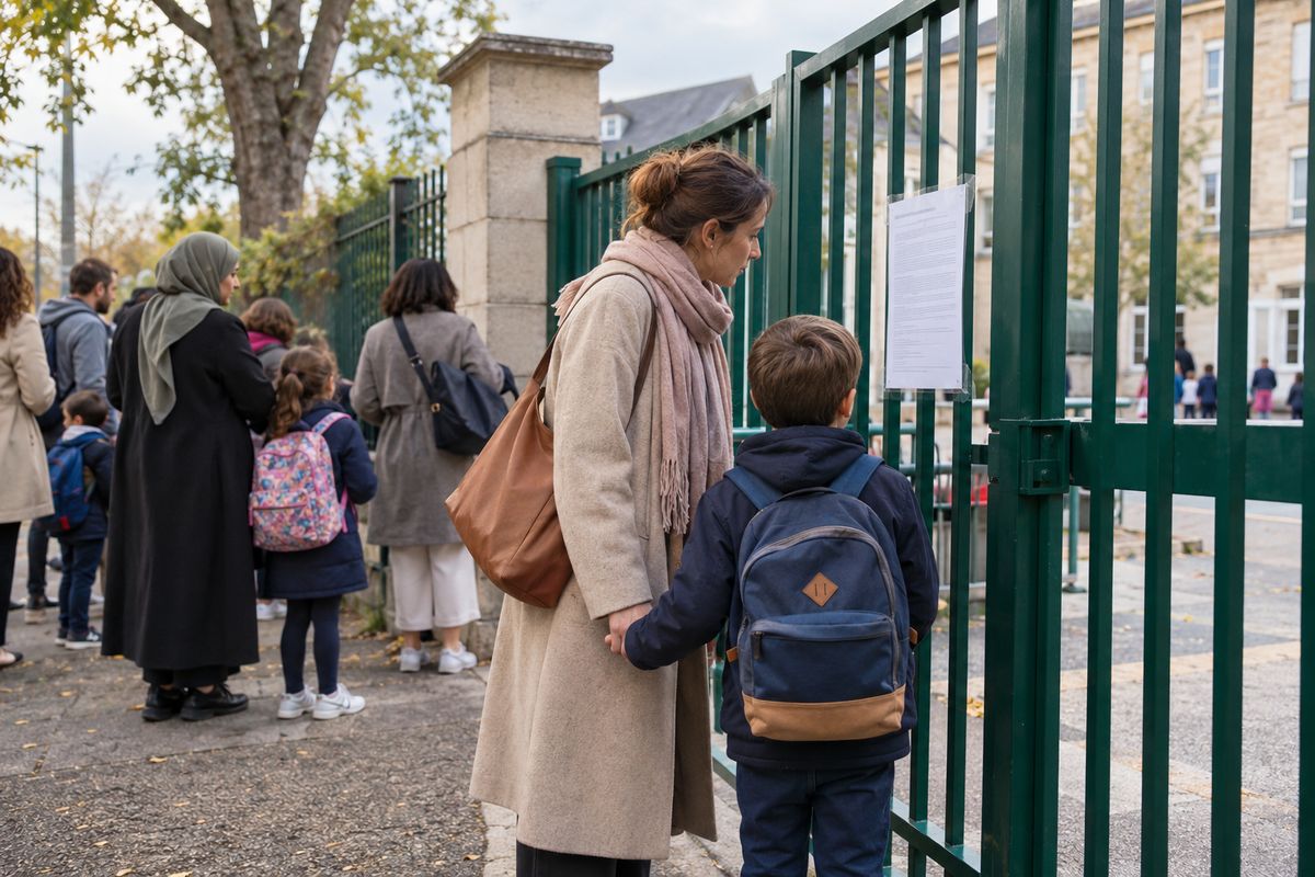 Maman et son enfant qui lisent l'affiche de grève sur la grille de l'école