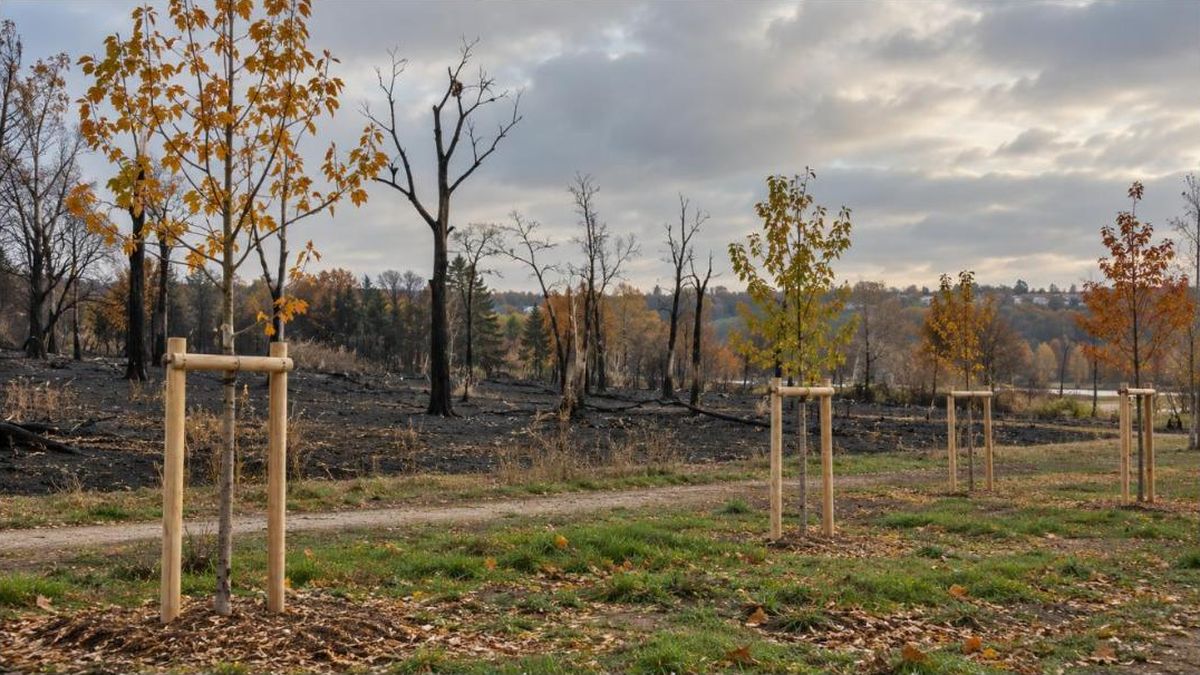 Parc municipal après un incendie : jeunes arbres replantés et troncs noircis, sur la facture des dégâts réclamée aux parents