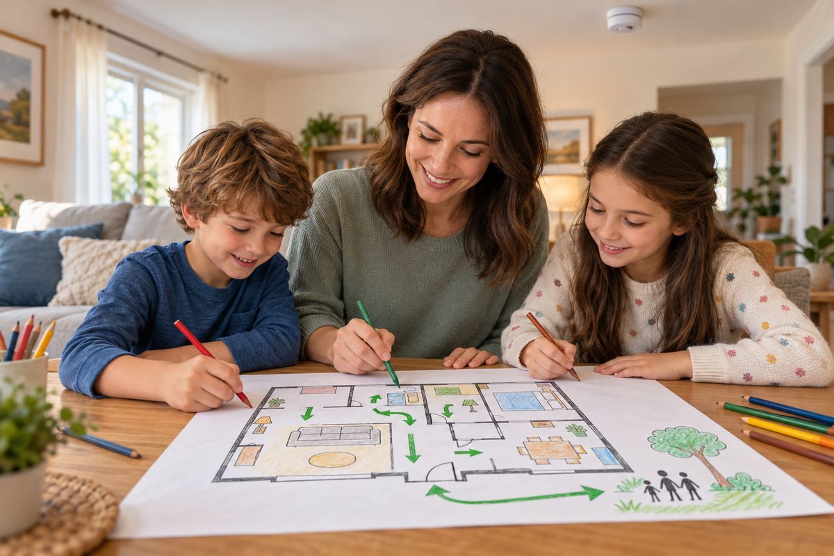 Maman et ses enfants qui dessinent ensemble le plan d'évacuation de la maison en cas d'incendie