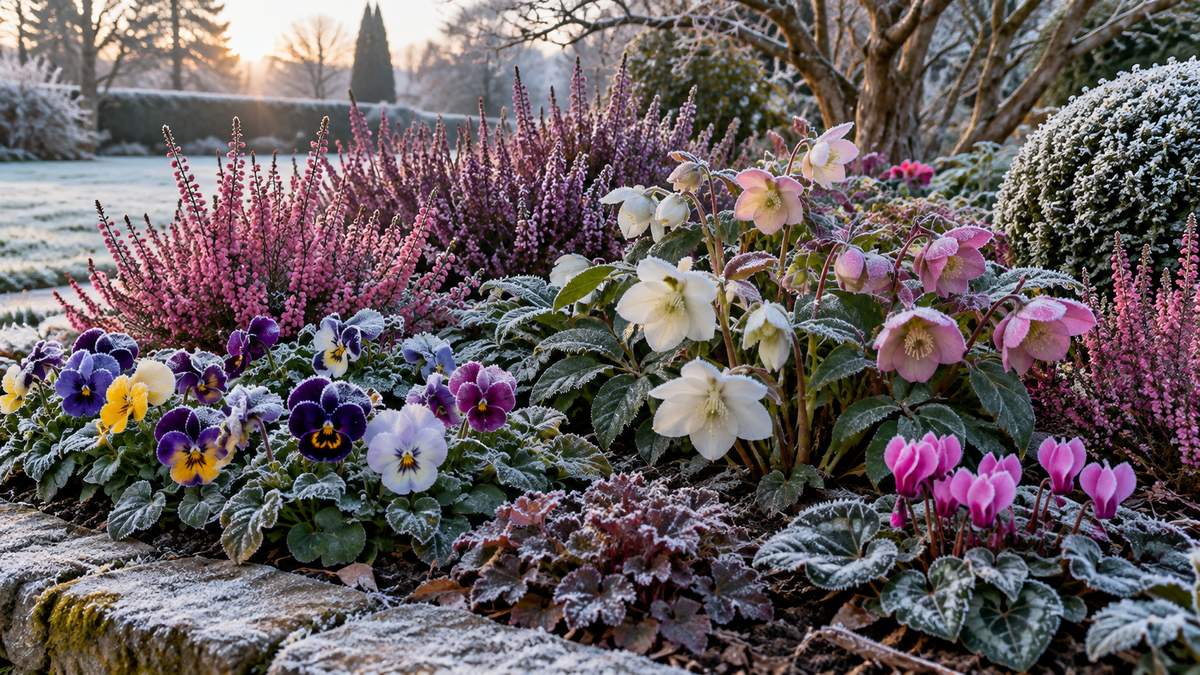 Jardin fleuri en hiver avec bruyères, pensées et hellébores colorées