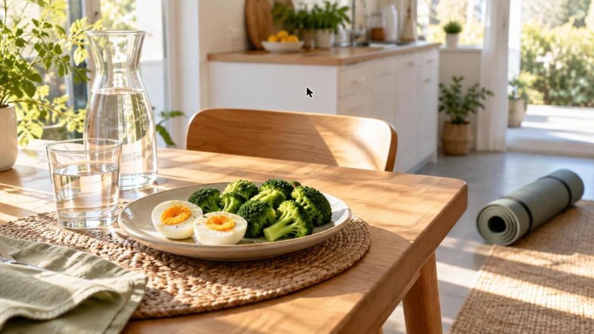 Conseils de longévité : carafe d'eau du robinet, assiette d'œufs durs et de brocoli et tapis de Pilates roulé sur une table de cuisine
