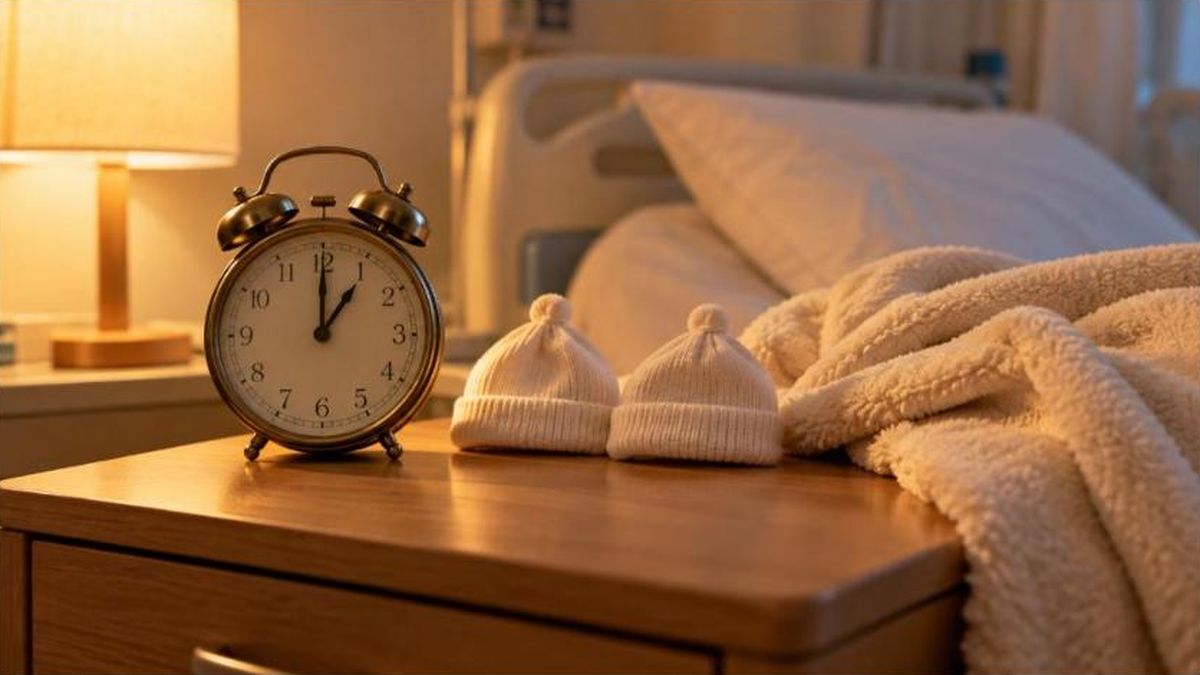 Jumeaux nés pendant le changement d'heure : réveil ancien, deux petits bonnets de bébé et une couverture sur une table de chevet
