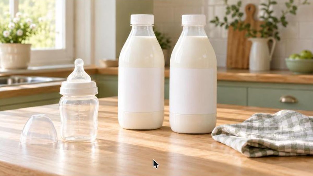 Rappel de lait de croissance : bouteilles de lait bio et biberon sur une table de cuisine