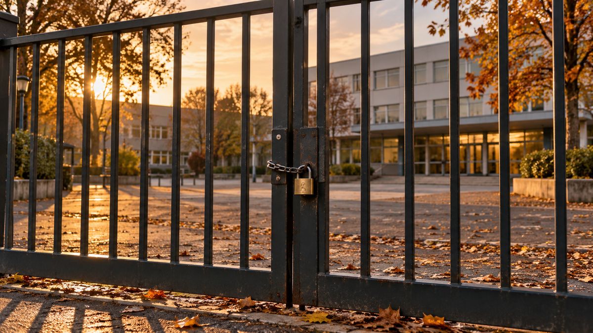Grille d'un lycée fermée, symbole des blocus et perturbations dans les établissements scolaires