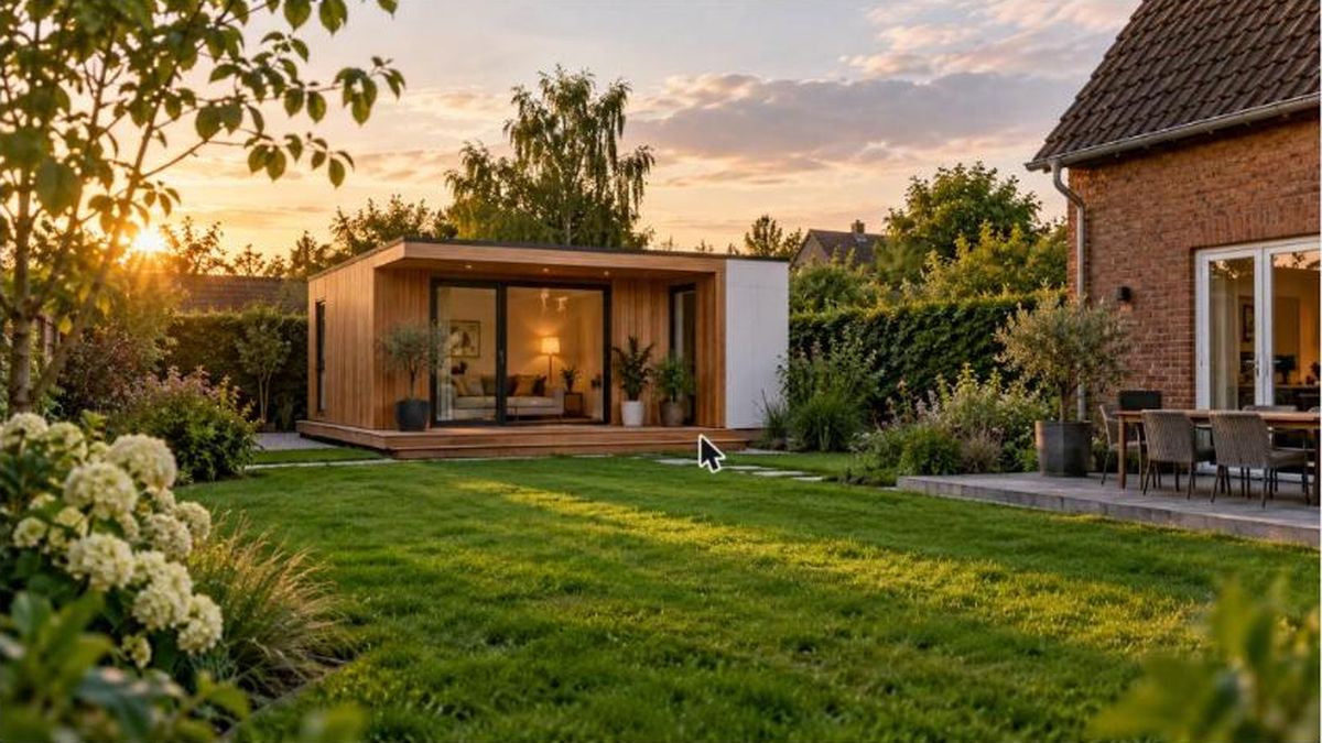 Petite maison préfabriquée en bois et blanc installée au fond d'un jardin, à côté d'une maison plus ancienne