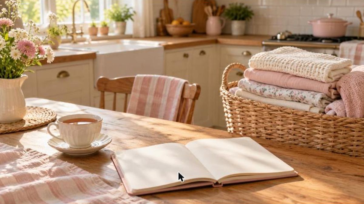 Mère au foyer : cuisine lumineuse avec carnet, tasse de thé et panier de linge plié
