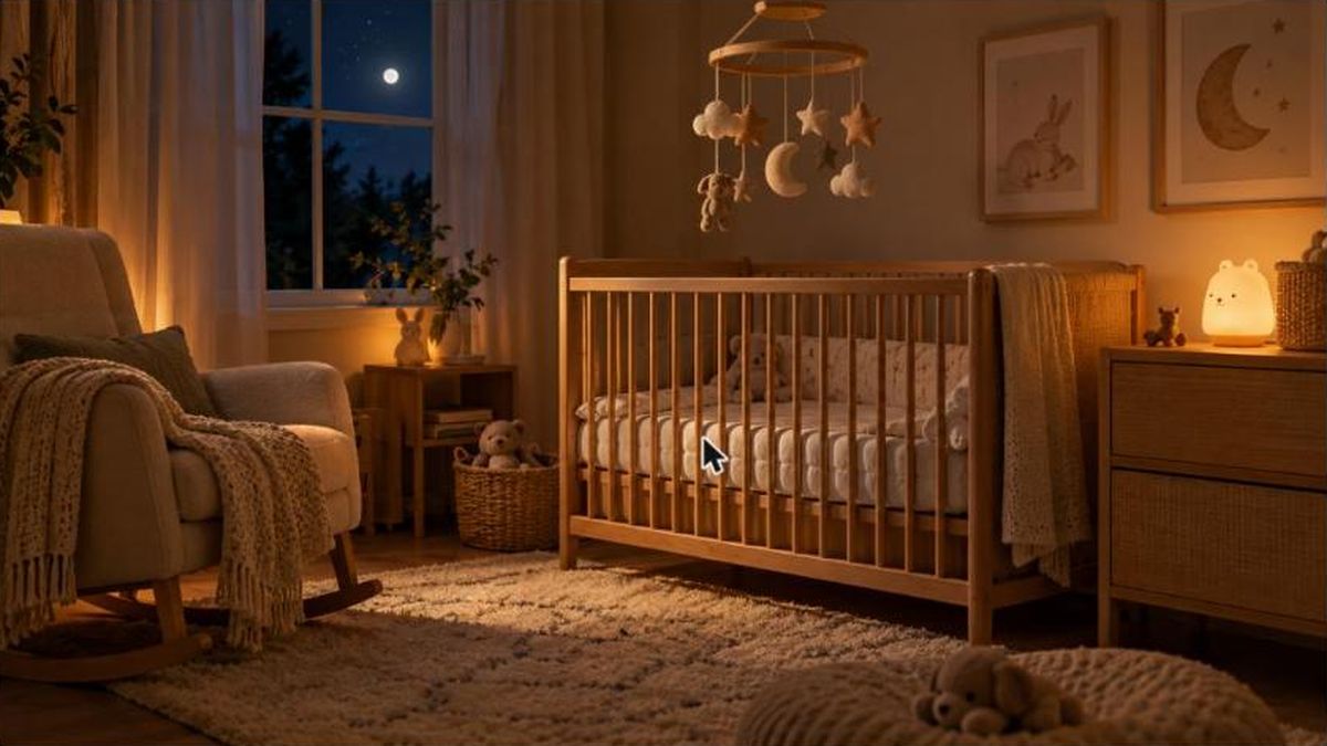 Chambre de bébé la nuit : berceau, veilleuse douce et fauteuil à bascule