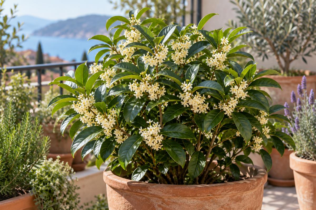 Osmanthus fragrans en pot sur un balcon, arbuste parfumé aux petites fleurs blanches
