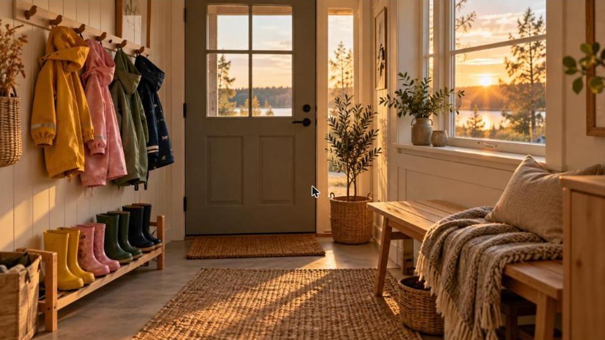 Parentalité scandinave : entrée d'une maison avec bottes et imperméables d'enfants accrochés près de la porte, plaid en laine sur un banc en bois