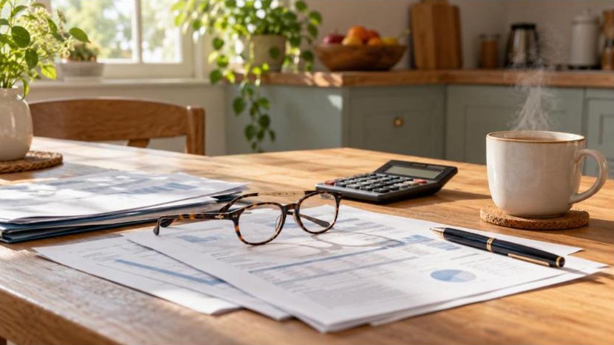 Pension de réversion : papiers de retraite, lunettes, calculatrice et tasse de thé sur une table en bois