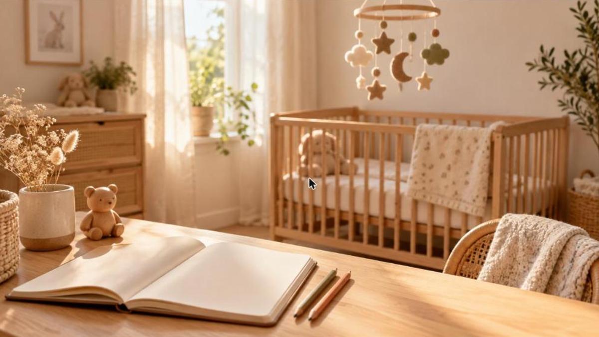 Choisir un prénom de bébé : carnet ouvert et deux crayons posés près d'un berceau dans une chambre de bébé